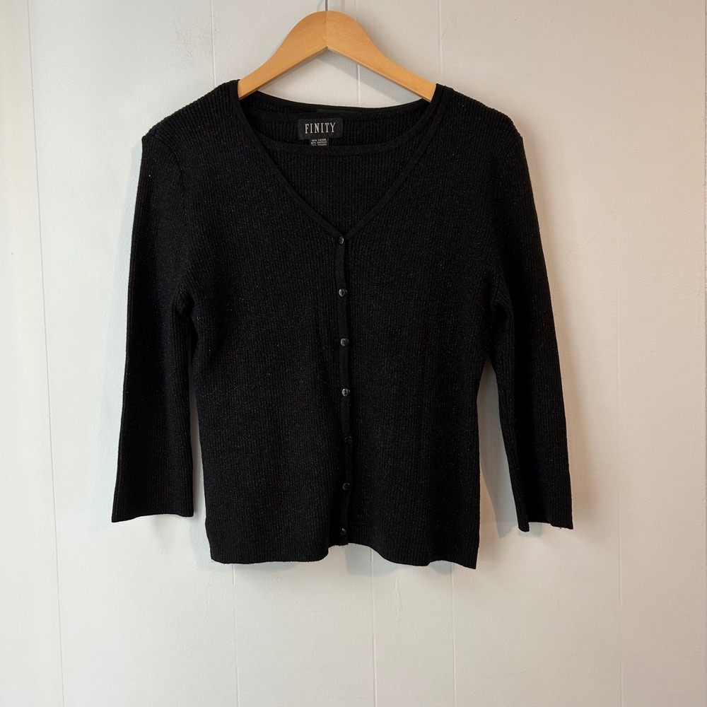 FINITY Black Ribbed‎ Metallic Knit Cardigan Sweater  matching top under L classy